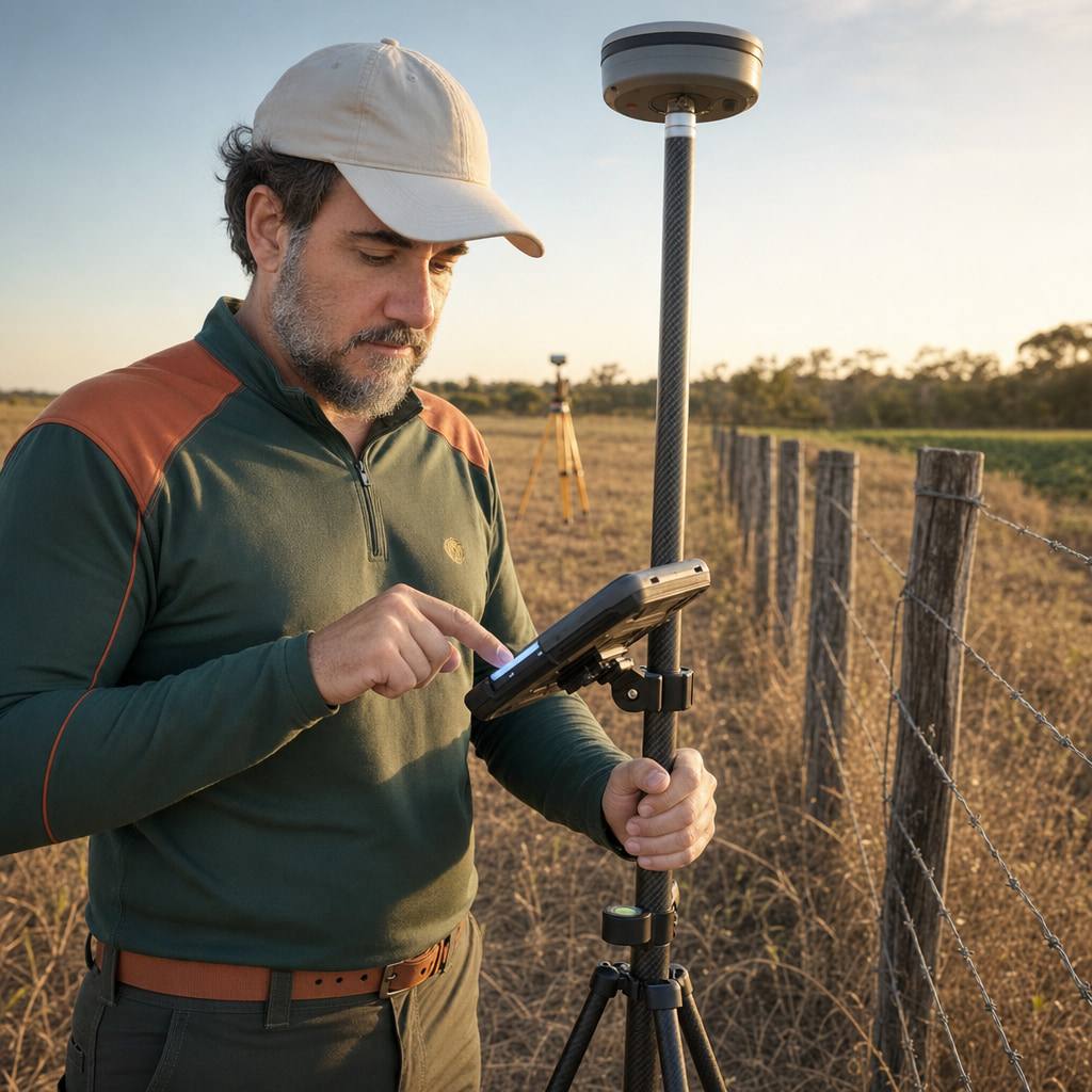 Agrimensor da Terra Registros operando receptor GNSS RTK em bastão de fibra de carbono, registrando um vértice na coletora de dados junto à cerca de divisa de uma propriedade rural, com a estação base montada em tripé ao fundo